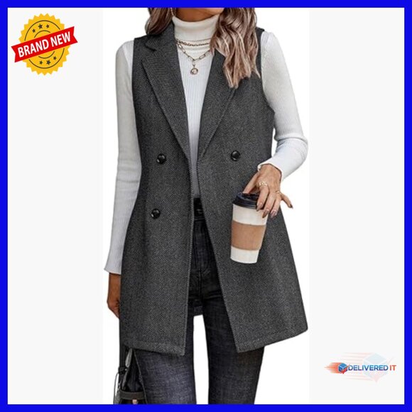 Jackets & Blazers - Long Sleeveless Tweed Vest Blazer Women's Wool Blend Double Breasted